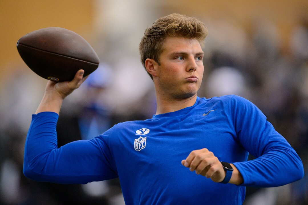 (Trent Nelson  |  The Salt Lake Tribune) BYU quarterback Zach Wilson warms up before working out for NFL scouts during BYU Pro Day, in Provo on Friday, March 26, 2021.