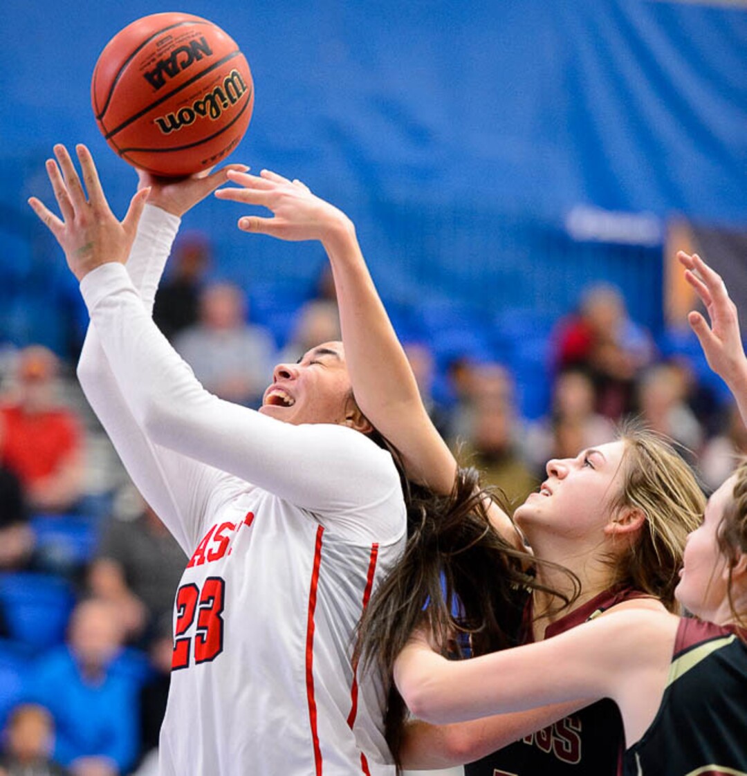 (Trent Nelson | The Salt Lake Tribune)  East's Liana Kaitu'u (23) and Viewmont's Emma Carr (2) as East faces Viewmont in the 5A High School Girls' Basketball Tournament at SLCC in Taylorsville, Wednesday Feb. 21, 2018.