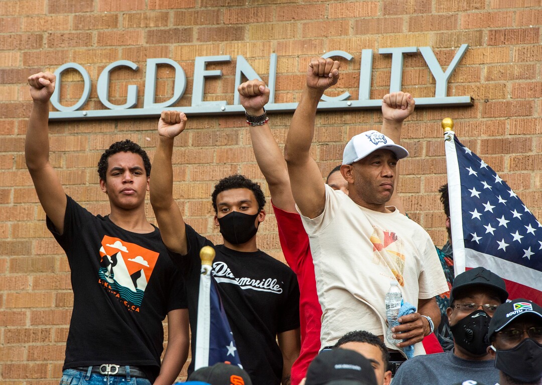 (Rick Egan  |  The Salt Lake Tribune)  Protestors gather at the Municipal Building in Ogden for the "Take a Knee on Washington" protest in memory of George Floyd on Saturday, May 30, 2020.