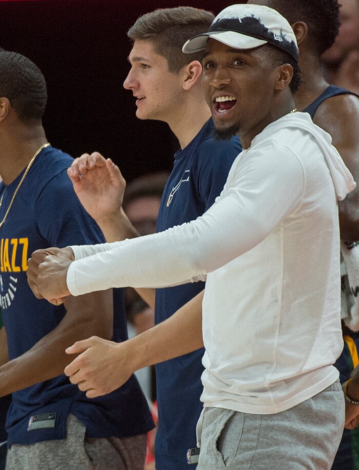 (Rick Egan  |  The Salt Lake Tribune)      Jazz guard Grayson Allen cheers for the Jazz from the bench, along with Donovan Mitchell, in Utah Jazz summer league action between Utah Jazz and Memphis Grizzlies in Salt Lake City, Tuesday, July 3, 2018.
