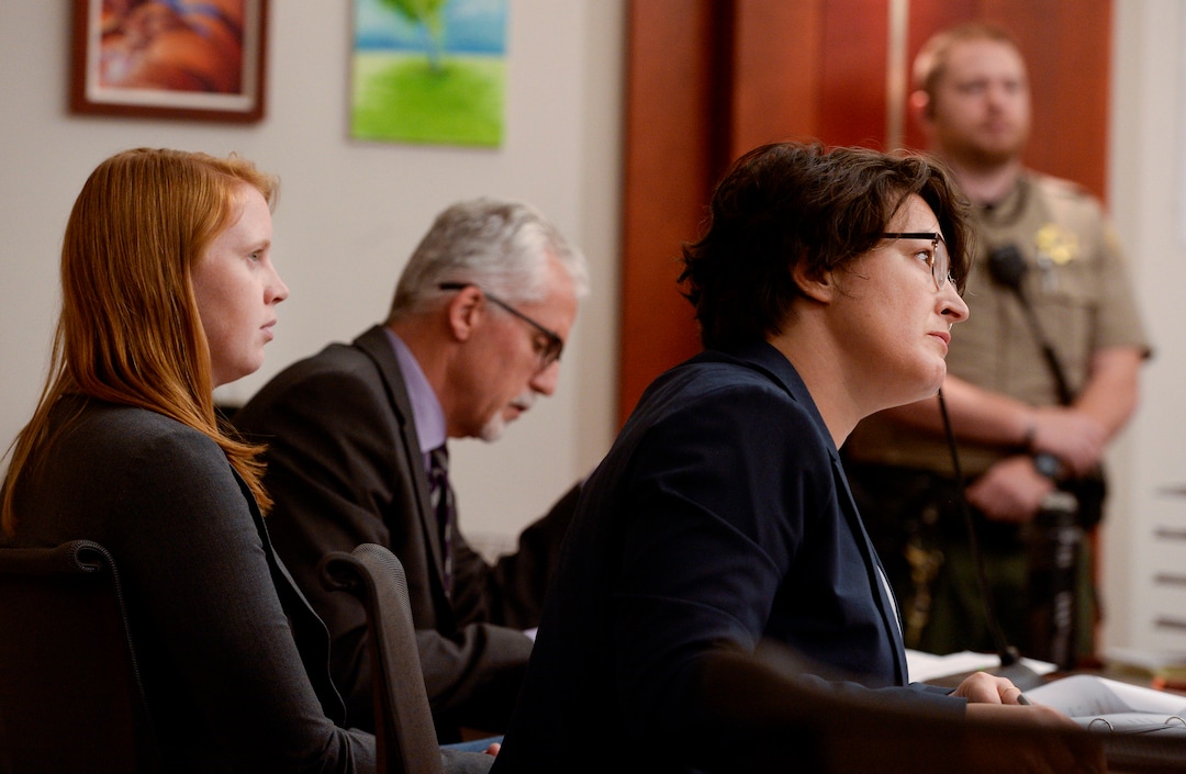 (Leah Hogsten  |  The Salt Lake Tribune)   Attorneys Leah Farrell (right) with the AmericanÊCivil Liberties UnionÊof Utah and Randy Richards (center) argued on behalf of their plaintiff Tilli Buchanan (left) that UtahÕs lewdness statute is unconstitutional because it discriminates against women in Judge Kara Pettit's Third District Courtroom, Nov. 19, 2019.  Buchanan is facing charges of lewdness involving a child after police say she took off her top while cleaning out the garage and her stepchildren saw her breasts. Judge Pettit is expected to rule in two months.