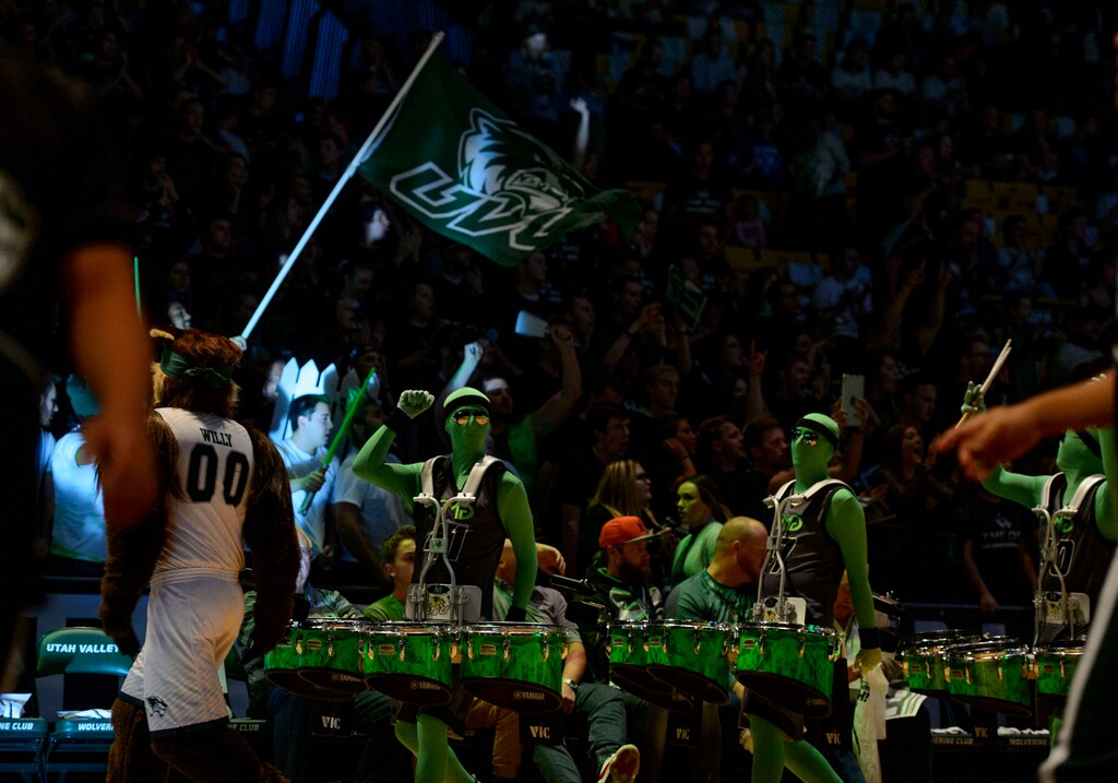 (Steve Griffin  |  The Salt Lake Tribune) The UVU drum corp gets the crowd fired up prior to the tip of the BYU versus UVU basketball game at UCCU Center on the UVU campus in Orem Wednesday November 29, 2017.