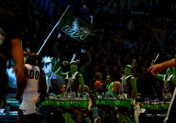 (Steve Griffin  |  The Salt Lake Tribune) The UVU drum corp gets the crowd fired up prior to the tip of the BYU versus UVU basketball game at UCCU Center on the UVU campus in Orem Wednesday November 29, 2017.