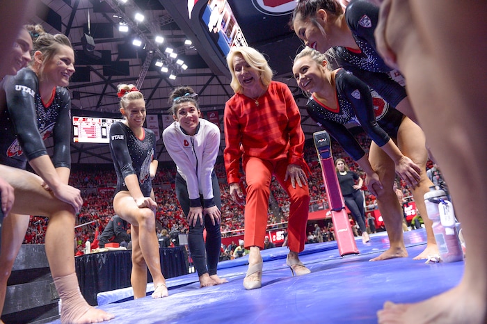 (Leah Hogsten  |  The Salt Lake Tribune) Head coach Megan Marsden tells the girls to "stick" their landings on the beam during a huddle as the No. 4 Utah gymnasts host No. 20 Georgia in the final regular season meet at Jon M Huntsman Center in Salt Lake City Friday, March 16, 2018. 
