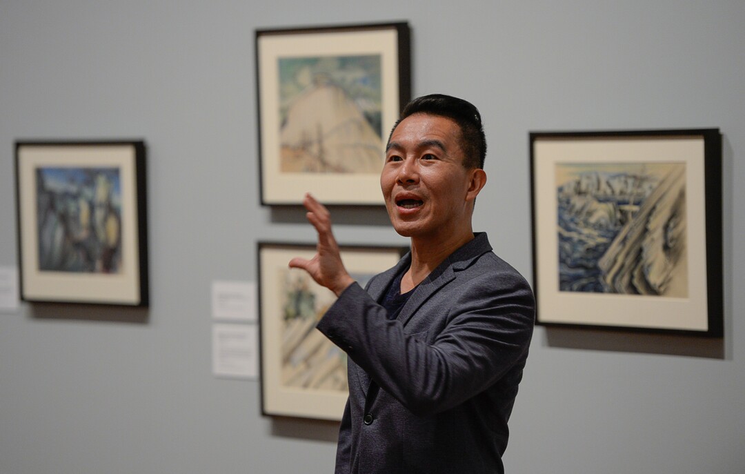 (Francisco Kjolseth  |  The Salt Lake Tribune)  Curator ShiPu Wang, introduces a new exhibit at the Utah Museum of Fine Art, "Chiura Obata: An American Modern," major touring retrospective of Japanese-American artist (1885-1975), whose work captured Western landscapes and his time at the Topaz War Relocation Center (internment camp) during World War II. Exhibit opens Friday, May 25, 2018.