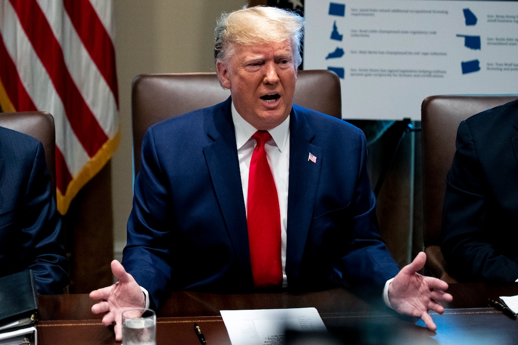 (Anna Moneymaker | The New York Times) President Donald Trump speaks to reporters during a cabinet meeting at the White House on Monday, Oct. 21, 2019. The president lashed out at House Democrats and expressed frustration at members of his own party.