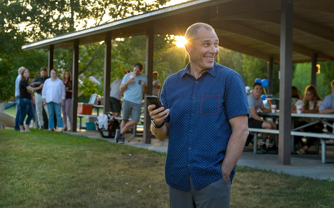 Leah Hogsten  |  The Salt Lake Tribune  Rep. John Curtis is all smiles after ending his conversation with Republican primary opponent Chris Herrod who conceded the race for the 3rd Congressional District seat at his election party June 26, 2018 at Riverview Park in Provo.