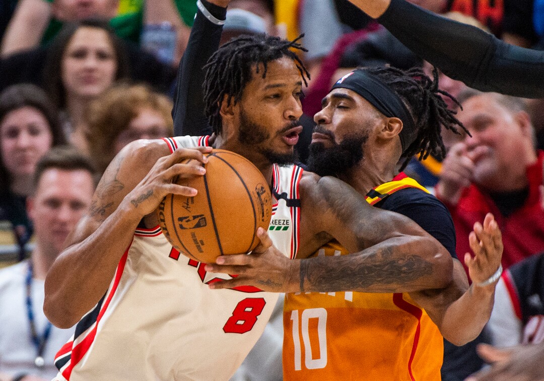 (Rick Egan  |  The Salt Lake Tribune)     Utah Jazz guard Mike Conley (10) guards Portland Trail Blazers forward Trevor Ariza (8), in NBA action between the Utah Jazz and thePortland Trail Blazers in Salt Lake City, Friday, Feb. 7, 2020.