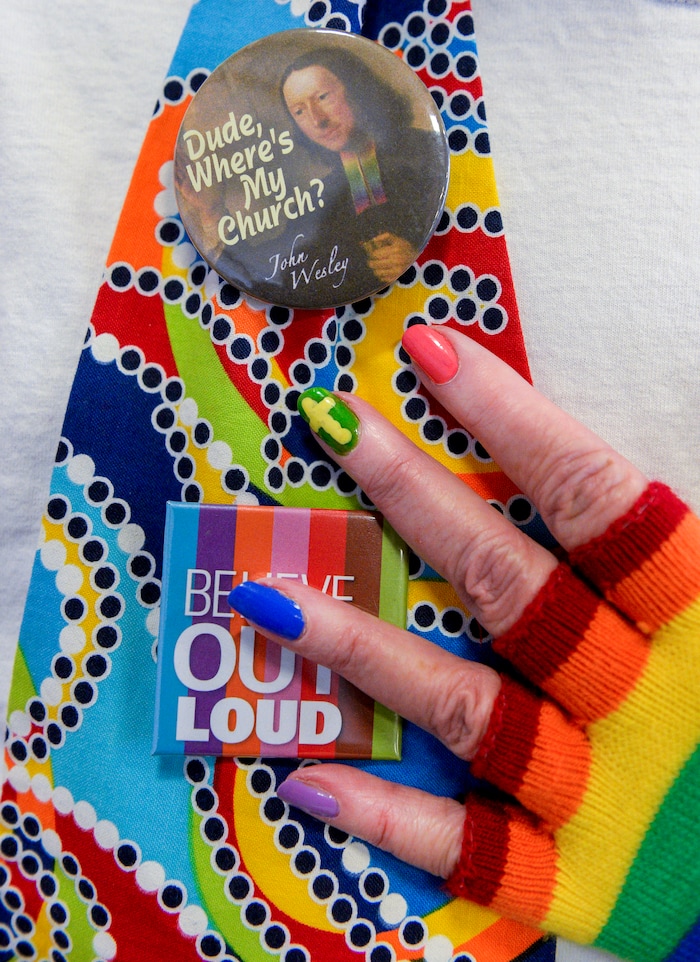 Leah Hogsten | The Salt Lake Tribune Terry Haven was making a statement Sunday, right down to her pinky finger in a show of solidarity for LGBTQ members. Haven leads the social justice committee at Christ United Methodist Church, March 3, 2019. Last week in St. Louis, international delegates for the UMC voted to continue the faith’s ban on same-sex weddings and ordination of LGBTQ clergy. Many pastors and congregations in Utah and the U.S. were disappointed by the vote, which could ultimately cause a split in the ranks.