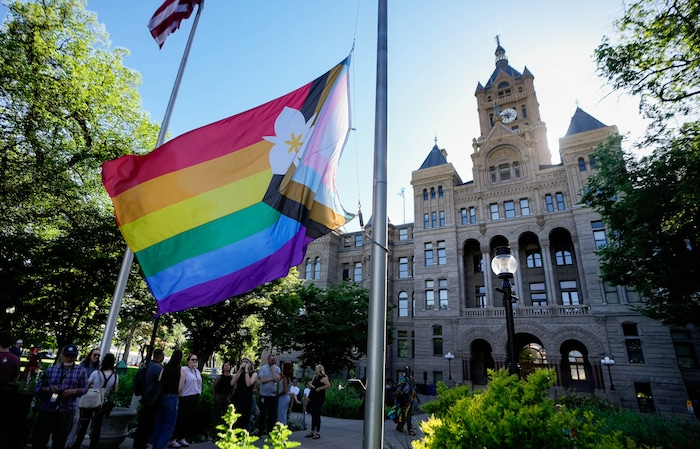 (Francisco Kjolseth | The Salt Lake Tribune) Salt Lake City Mayor Erin Mendenhall hosts the annual raising of the pride flag at City Hall to kickstart a month of festivities for Utah Pride on Friday, May 30, 2025. It is especially notable this year given the state tried to stop the pride flag from flying over government grounds.