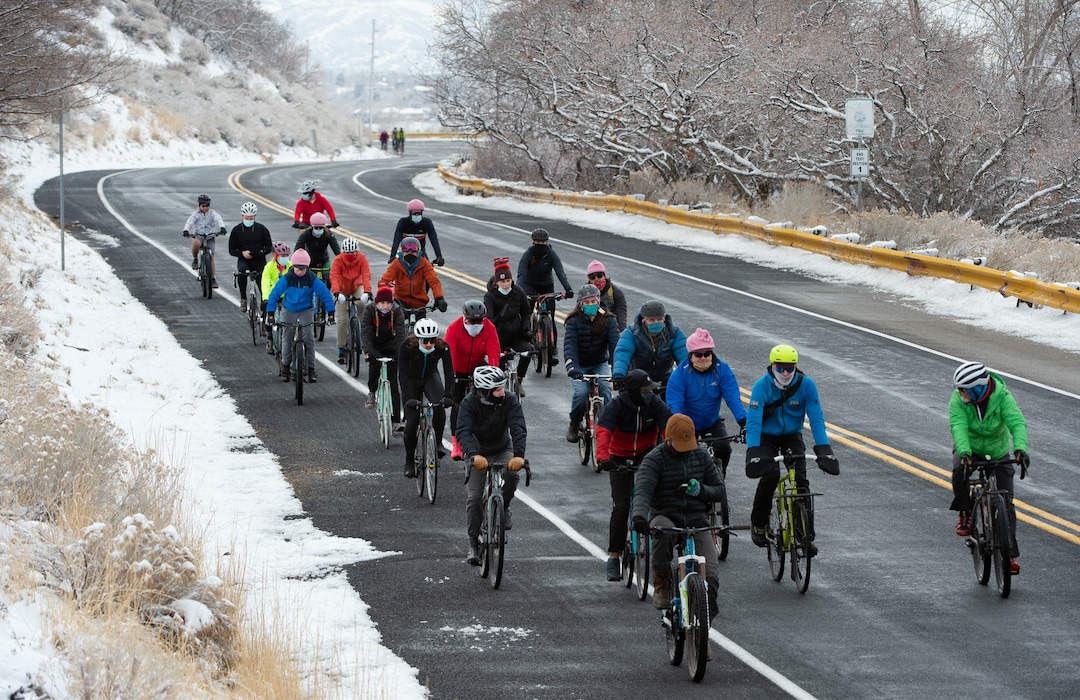 (Francisco Kjolseth  | The Salt Lake Tribune) People participate in a memorial bike ride along Wasatch Blvd in Salt Lake City on Sunday, Feb. 14, 2021, in honor of the four who died in an avalanche on Saturday, Feb. 6.