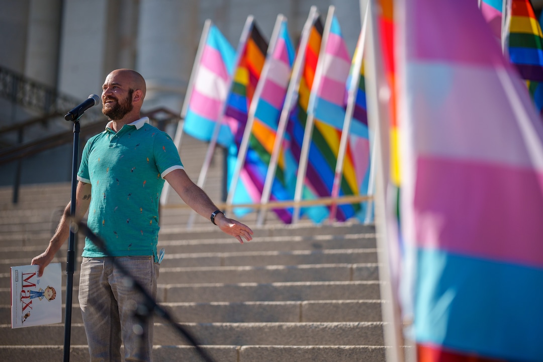 (Trent Nelson  |  The Salt Lake Tribune) Kyle Lukoff reads his book "Call me Max" at a rally put on by Friends, Allies and Mentors of the LGBTQ+ Community, a nonprofit organization created by educators, at the state Capitol in Salt Lake City on Tuesday, May 18, 2021.