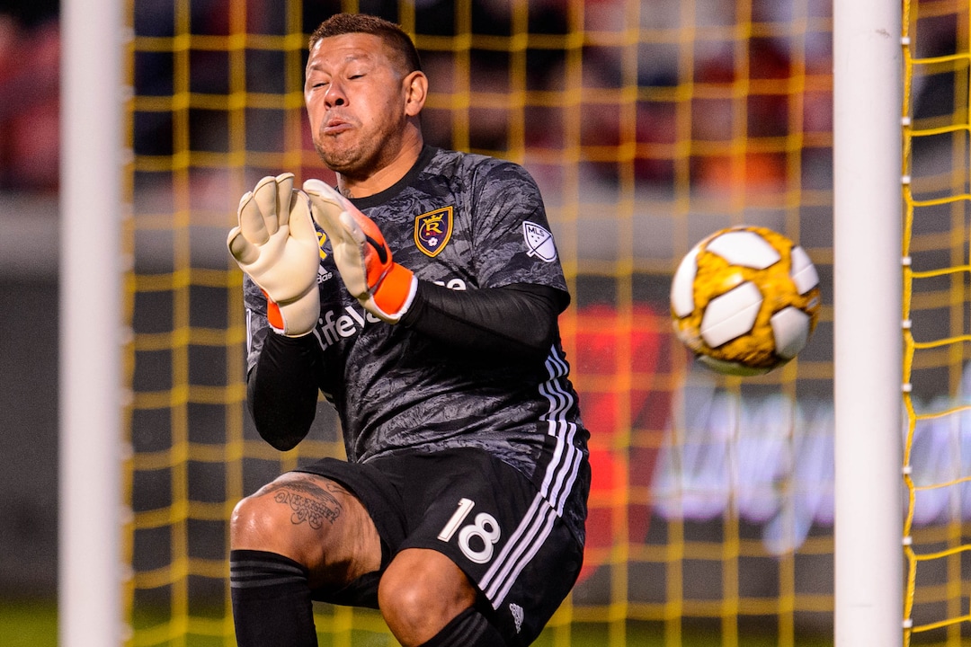 (Trent Nelson  |  The Salt Lake Tribune)  Real Salt Lake goalkeeper Nick Rimando (18) makes a save as Real Salt Lake hosts the San Jose Earthquakes, MLS soccer at Rio Tinto Stadium in Sandy on Wednesday Sept. 11, 2019.