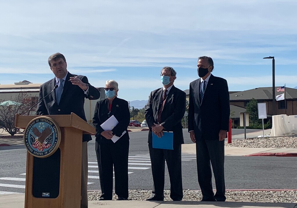 (Eric Walden  | The Salt Lake Tribune) Secretary of Veterans Affairs Robert Wilkie took a tour of the George E. Wahlen Department of Veterans Affairs Medical Center in Salt Lake City on Thursday, Oct. 15, 2020 alongside Sen. Mitt Romney (right).