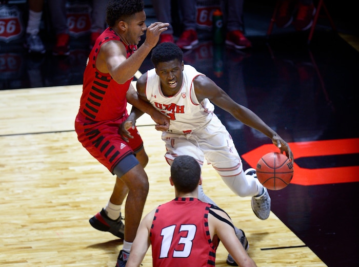 (Scott Sommerdorf   |  The Salt Lake Tribune)   Utah's Donnie Tillman drives to the hoop during second half play. Utah defeated Eastern Washington 85-69, Friday, November 24, 2017. 