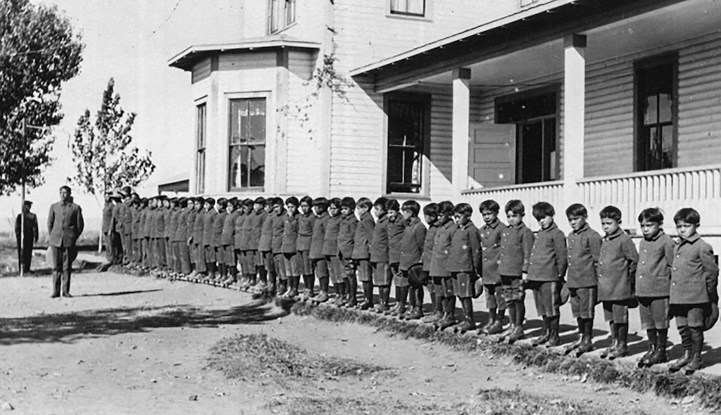 (Uintah County Library Regional History Center) Ute boys in uniform at the Whiterocks School, the state's longest operating Indigenous boarding school, are shown in this undated photo. A national coalition is collecting stories from boarding school survivors, including 24 in Utah, for a public archive.