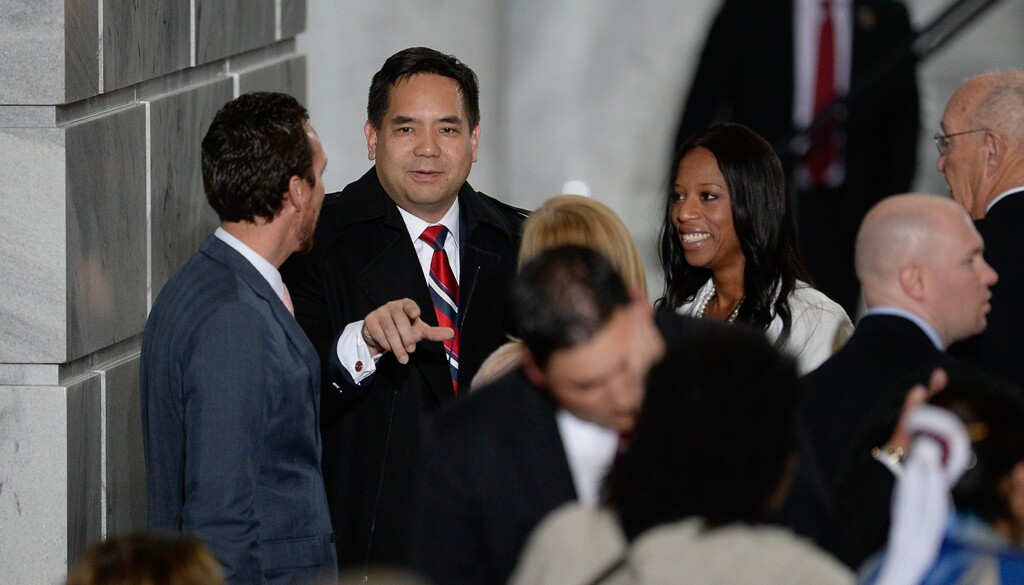 (Francisco Kjolseth | The Salt Lake Tribune) Utah Attorney General Sean Reyes and Rep. Mia Love gather with Invited guests arriving at the Utah Capitol as U.S. President Donald Trump is scheduled to arrive on Monday, Dec. 4, 2017. President Trump will be joined by Sen. Orrin Hatch and Interior Secretary Ryan Zinke to sign a presidential proclamation to shrink Bears Ears and Grand Staircase-Escalante national monuments.