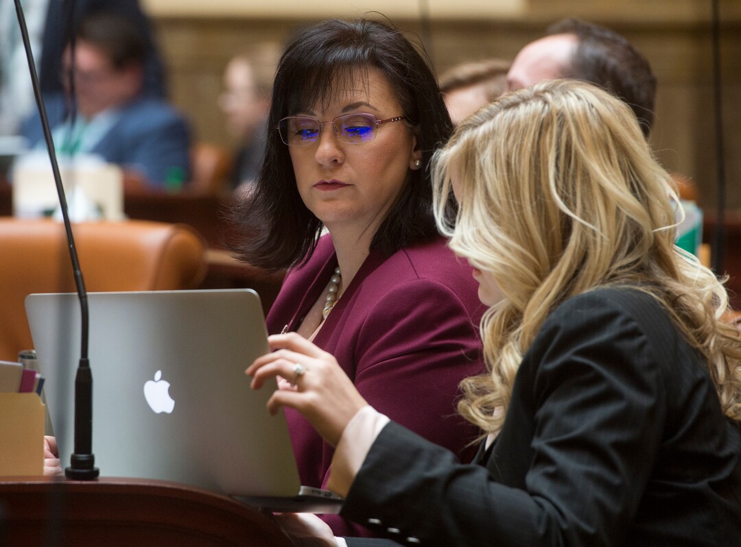(Rick Egan  |  The Salt Lake Tribune)   Rep. Kim Coleman talks with her intern Kate Wheeler in the Utah House of Representatives, Friday, March 2, 2018.
