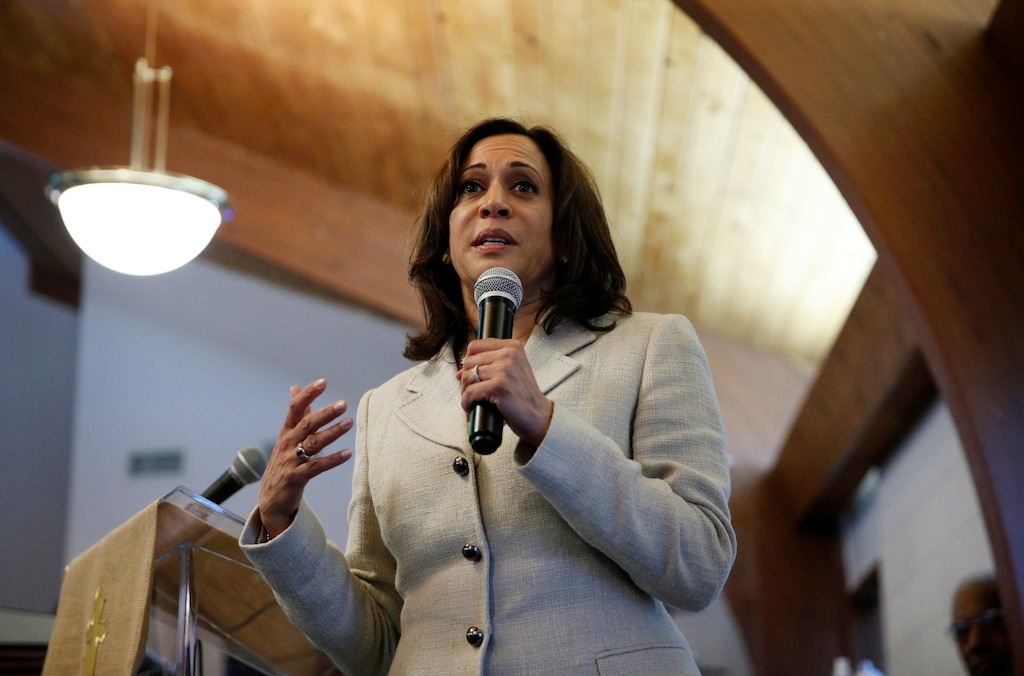 (John Locher | AP file photo) Sen. Kamala Harris, D-Calif., speaks at a Corinthian Baptist Church service, Sunday, Aug. 11, 2019, in Des Moines, Iowa.