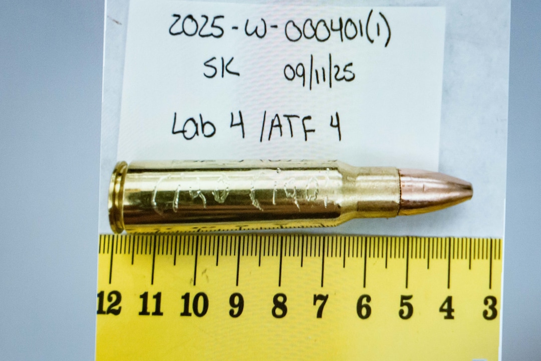 (Spenser Heaps | Pool) An image of a bullet casing engraved with the words “Ciao Ciao” is displayed during a preliminary hearing for Tyler Robinson, who is accused in the fatal shooting of Charlie Kirk, at the Fourth District Courthouse in Provo, Thursday, July 9, 2026.