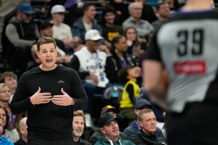 (Francisco Kjolseth  | The Salt Lake Tribune) Utah coach Will Hardy argues with referee Tyler Ford (39) as the Utah Jazz host the Orlando Magic during NBA basketball at the Delta Center in Salt Lake City on Saturday, February. 1, 2025.