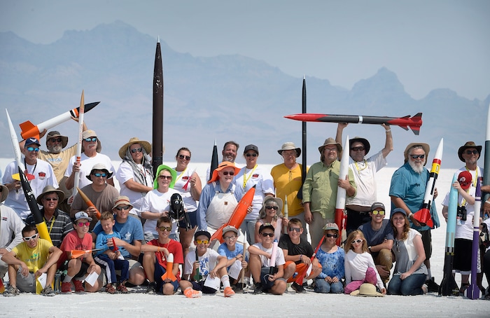(Scott Sommerdorf   |  The Salt Lake Tribune)   Participants pose for a group photograph on the Bonneville Salt Flats during "HellFire" — the event sponsored by the Utah Rocket Club on Saturday, Aug. 5, 2017.