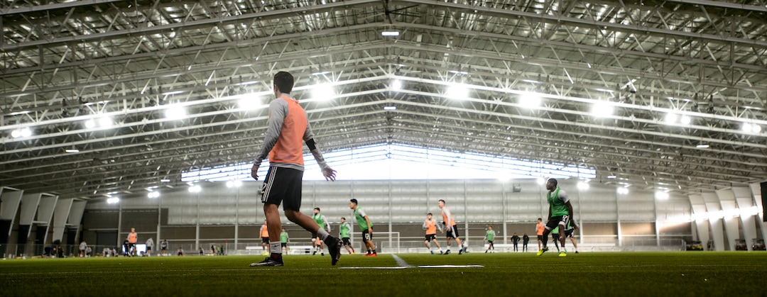 (Steve Griffin  |  The Salt Lake Tribune) RSL players practice at the new Zions Bank Real Academy indoor facility in Herriman Tuesday January 23, 2018.