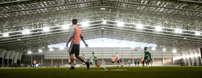 (Steve Griffin  |  The Salt Lake Tribune) RSL players practice at the new Zions Bank Real Academy indoor facility in Herriman Tuesday January 23, 2018.
