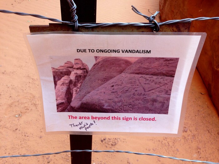 Erin Alberty  |  The Salt Lake TribuneVisitors have expressed their "appreciation" to vandals in Arches National Park. The rock formations behind Sand Dune Arch were off-limits as of Nov. 30, 2015.