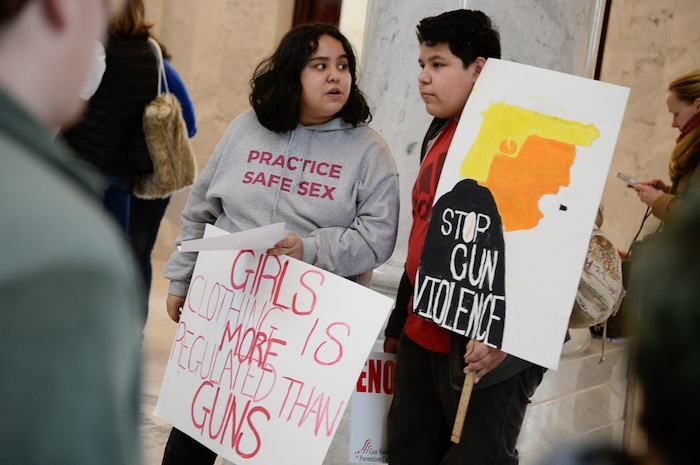 (Francisco Kjolseth  |  The Salt Lake Tribune) Siblings Ariana and Cruz Yanez lend their voice to a rally at the Utah Capitol for a mid-session report on the progress of gun violence and public safety bills in the Utah Legislature on Saturday, Feb. 15, 2020. The rally took place the day after the anniversary of the shooting at Stoneman Douglas high school in Parkland, FL.