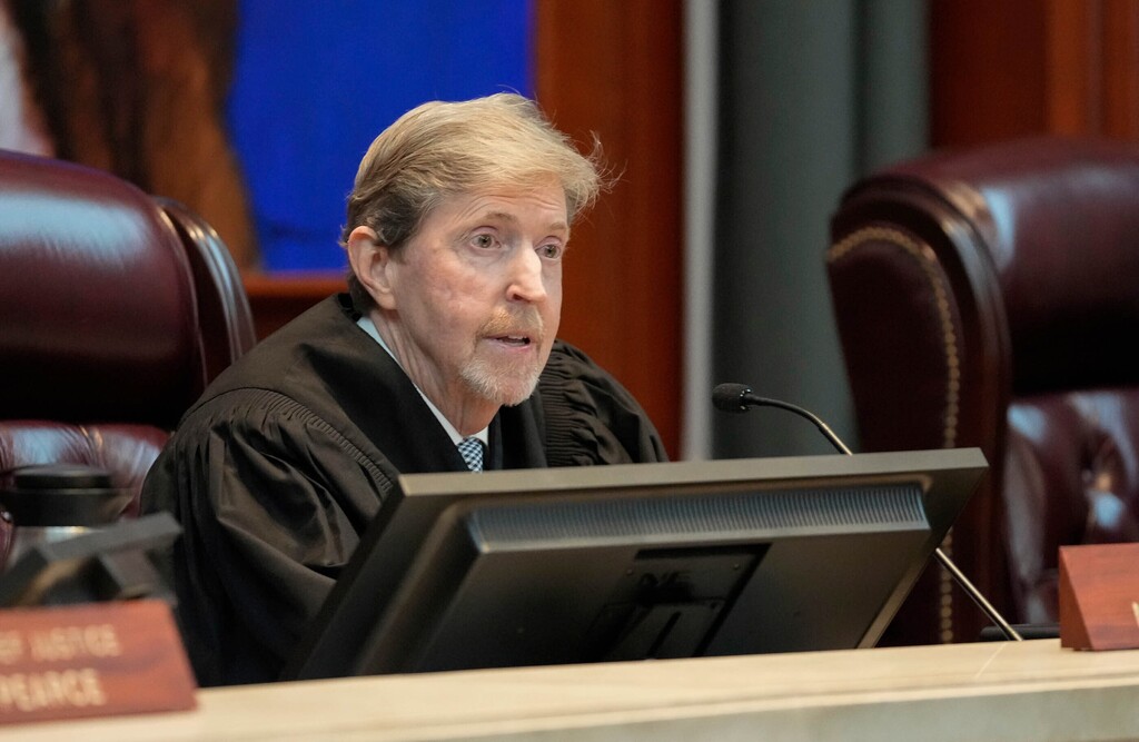 Chief Justice Matthew B. Durrant asks a question during oral arguments involving Utah's abortion trigger law before Utah's Supreme Court, Tuesday, Aug. 8, 2023, Salt Lake City. The state Supreme Court is weighing a lower court's decision to put a law banning most abortions on hold more than a year ago. (Francisco Kjolseth/The Salt Lake Tribune via AP, Pool)