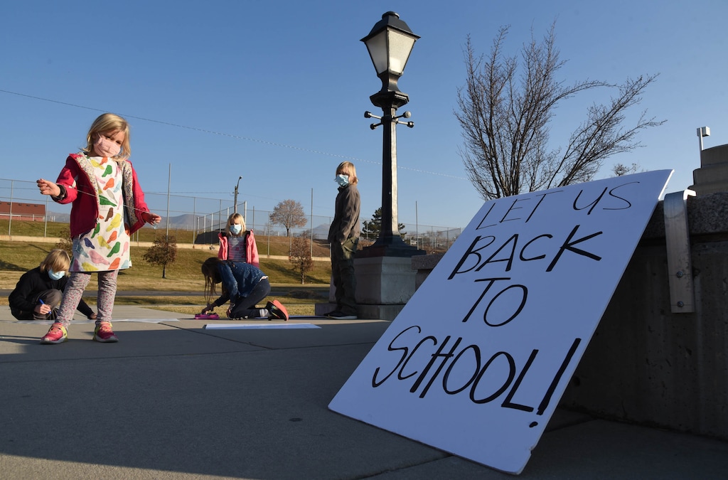 (Francisco Kjolseth  | The Salt Lake Tribune) Young students join the protest at East High in Salt Lake City on Monday, Dec. 7, 2020, in response to more students failing this fall with classes entirely online due to the coronavirus pandemic.