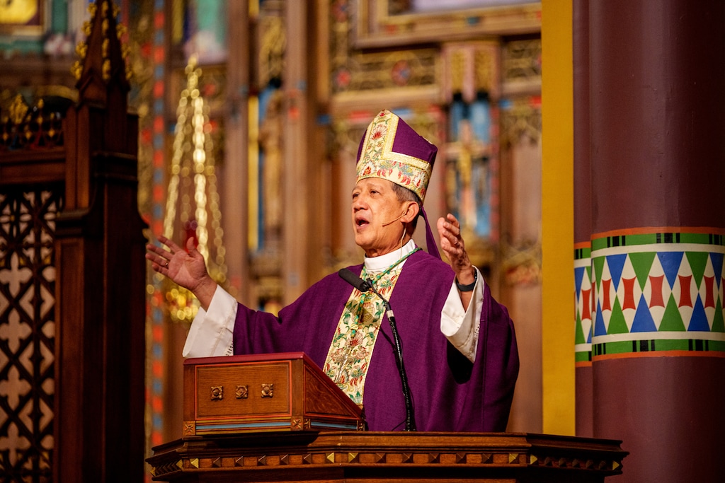 (Trent Nelson  |  The Salt Lake Tribune) Bishop Oscar Solis speaks during Ash Wednesday Mass at the Cathedral of the Madeleine in Salt Lake City in 2025.