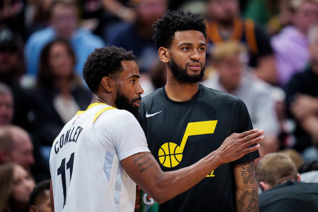 (Trent Nelson  |  The Salt Lake Tribune) Utah Jazz guard Mike Conley (11) and Utah Jazz guard Nickeil Alexander-Walker (6) as the Utah Jazz host the Dallas Mavericks, NBA preseason basketball in Salt Lake City on Friday, Oct. 14, 2022.