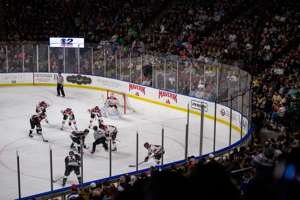 (Trent Nelson  |  The Salt Lake Tribune) The Utah Grizzlies host the Rapid City Rush, ECHL hockey at the Maverik Center in West Valley City on Saturday, Jan. 27, 2024.