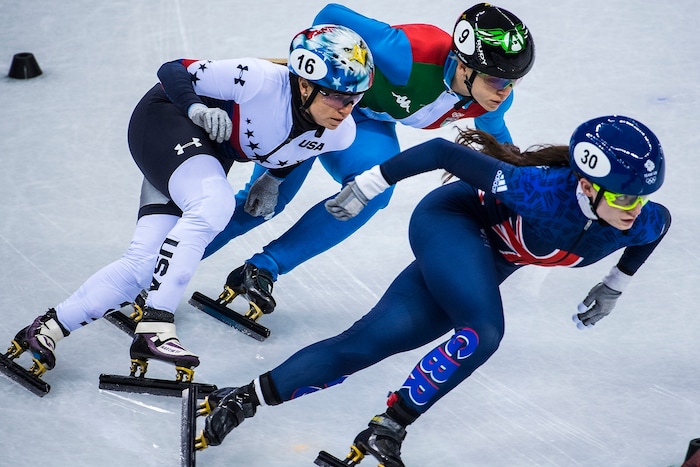 (Chris Detrick  |  The Salt Lake Tribune)  Jessica Kooreman of the United States Arianna Fontana of Italy and Kathryn Thomson of Great Britain race during the Ladies' 1000m Short Track Speed Skating at Gangneung Ice Arena Pyeongchang 2018 Winter Olympics Tuesday, Feb. 20, 2018. 