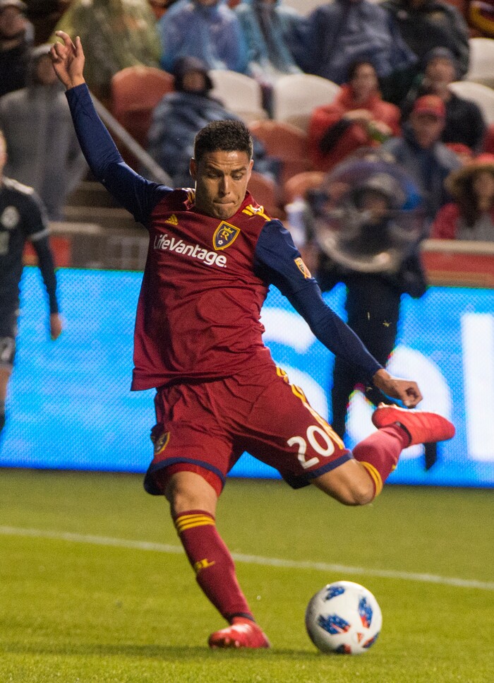 (Rick Egan  |  The Salt Lake Tribune)      Real midfielder Luis Silva (20) scores a goal for Salt Lake, in the first period, in MLS action between Real Salt Lake and Vancouver Whitecaps, at Rio Tinto Stadium beSaturday, April 7, 2018.


