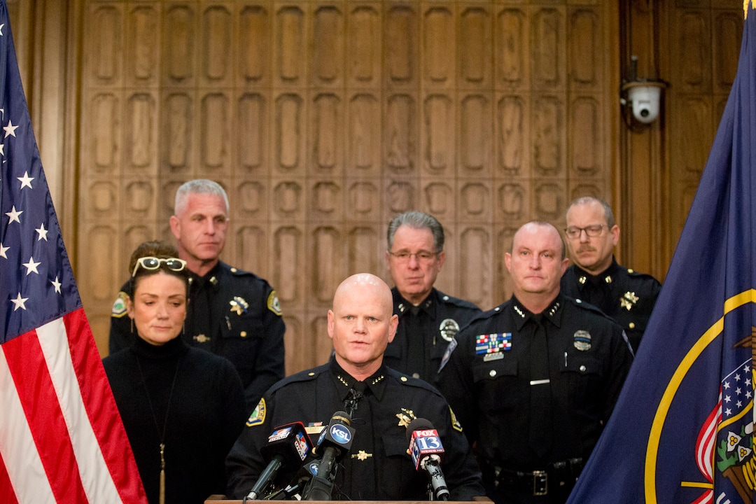 Provo Police Chief Richard Ferguson speaks during a news conference to announce that Provo Police Officer Joseph Shinners was killed in the line of duty the night before, at the Provo City Center building Sunday, Jan. 6, 2019, in Provo, Utah. Shinners, who was shot and killed while trying to apprehend a fugitive, was a three-year veteran of the force who managed to shoot back and strike the suspect at least once after he was hit by gunfire. (Evan Cobb/The Daily Herald via AP)