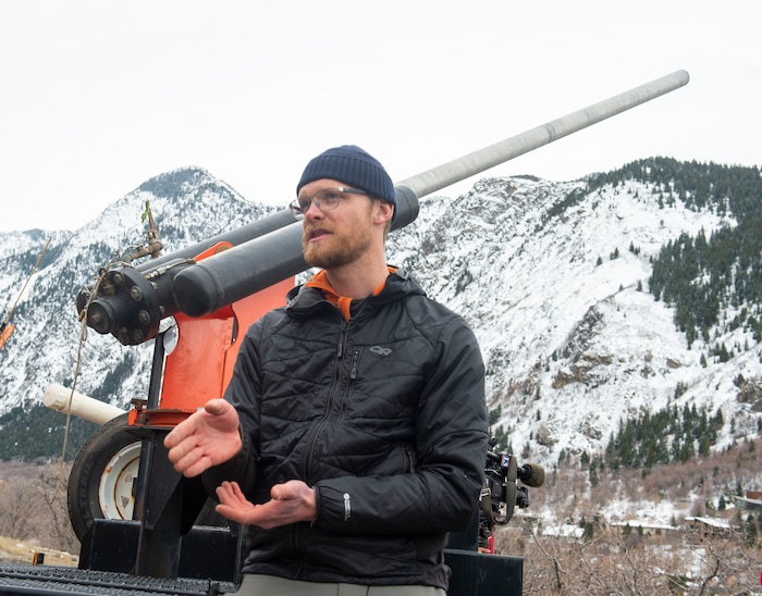 (Rick Egan | The Salt Lake Tribune) Steven Clark, Avalanche Forecaster for the Utah Department of Transportation, talks about the Avalauncher, which uses compressed gas to fire a projectile that explodes and triggers avalanches. Tuesday, March 5, 2019.