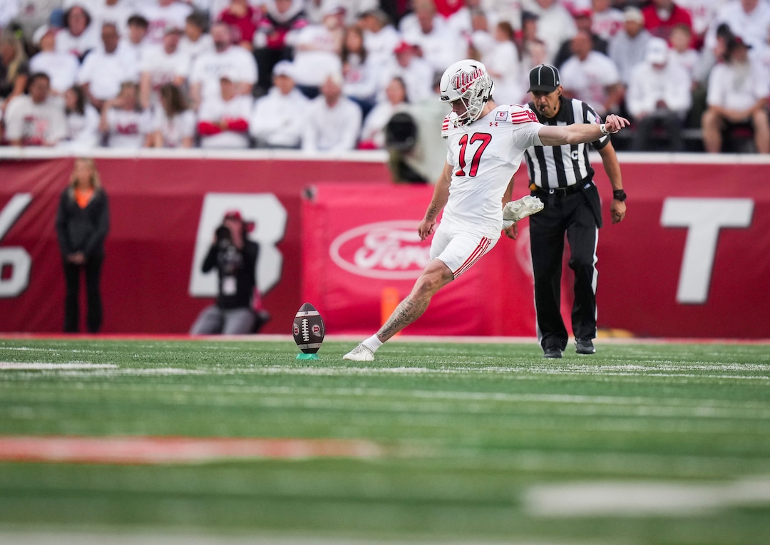 (Bethany Baker  |  The Salt Lake Tribune) Utah Utes kicker Dillon Curtis (17) kicks the ball during the game between the Utah Utes and the Kansas Jayhawks at Rice-Eccles Stadium in Salt Lake City on Saturday, Oct. 10, 2026.