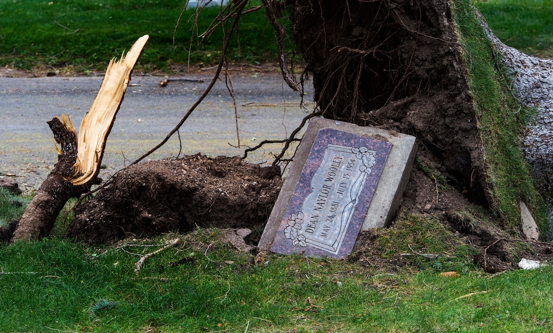 (Rick Egan  |  The Salt Lake Tribune)    Hundreds of headstones in the Salt Lake City Cemetery were damages in the recent wind storm, Friday, Sept. 18, 2020.
