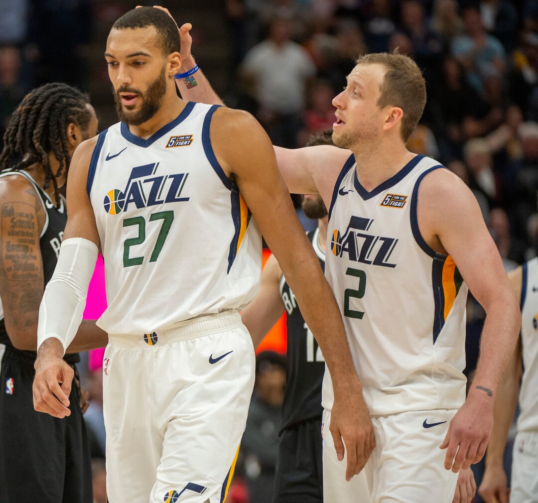 (Rick Egan  |  The Salt Lake Tribune)        Utah Jazz forward Joe Ingles (2) pats Jazz center Rudy Gobert (27) on the head as the Jazz take a narrow lead in the final minutes of play, in NBA basketball action between the Utah Jazz and the Brooklyn Nets in Salt Lake City, Tuesday, Nov 12, 2019.