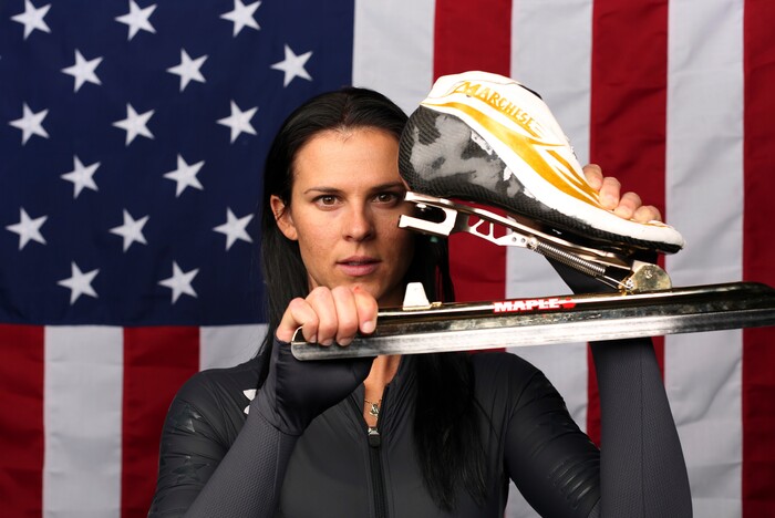 U.S. Olympic Winter Games long track speedskating hopeful Brittany Bowe poses for a portrait at the 2017 Team USA media summit Wednesday, Sept. 27, 2017, in Park City, Utah. (AP Photo/Rick Bowmer)