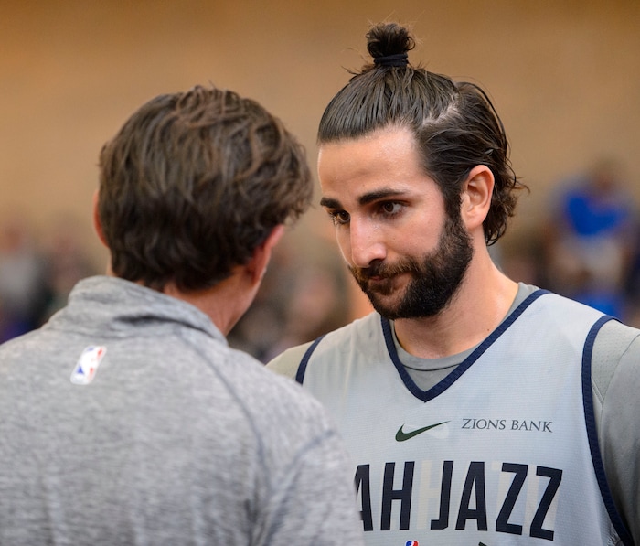 (Steve Griffin  |  The Salt Lake Tribune)    New Jazz guard Ricky Rubio talks with Jazz head coach Quin Snyder during scrimmage in the Warrior Fitness Center on Hill Air Force Base as a part of a "Hoops for Troops" promotion Ogden Friday September 29, 2017. It's also Utah's first public scrimmage of the season, and the first look at how the new pieces of the team will work together. 