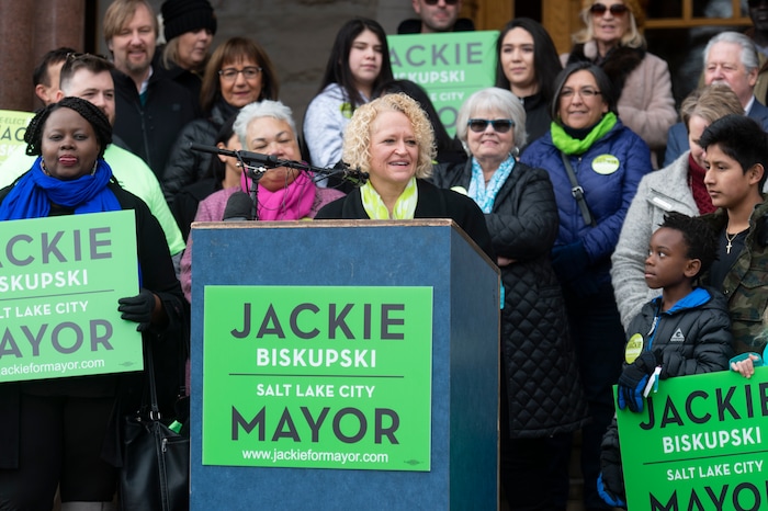 (Rick Egan  |  The Salt Lake Tribune)     Salt Lake City Mayor Jackie Biskupski she launches her re-election campaign as she seeks a second term as supporters gather on the east steps of the City Building, Saturday, Feb. 9, 2019.



