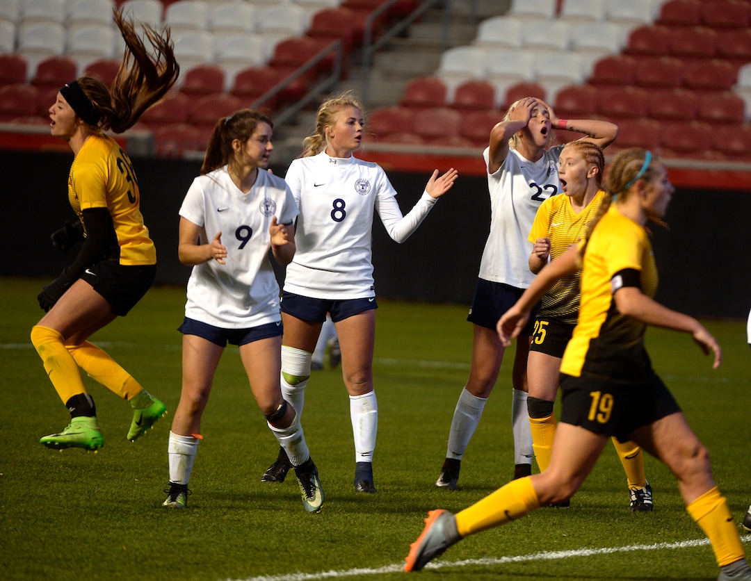 (Scott Sommerdorf   |  The Salt Lake Tribune)   Maple Mountain nearly scored on a header on this second half play. Maple Mountain won the shootout period after double overtime to win the 5A championship game over Timpanogos, Friday, October 20, 2017. 
