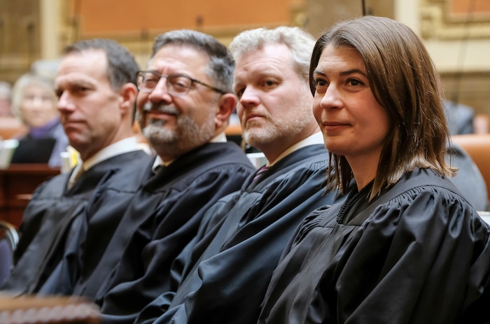 (Francisco Kjolseth | The Salt Lake Tribune) Supreme Court justices Thomas R. Lee, Constandinos Himonas, John A. Pearce and Paige Petersen, from left, listen to Chief Justice Matthew B. Durrant give the state of the judiciary speech to the legislature in the House chamber on the first day of the 2018 legislative session at the Utah Capitol on Monday, Jan. 22, 2018.