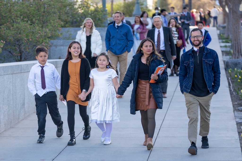 (Rick Egan | The Salt Lake Tribune) Latter-day Saints walk to the Conference Center for the morning session of General Conference on Saturday, April 5, 2025. Global membership surpassed 17.5 million in 2024.