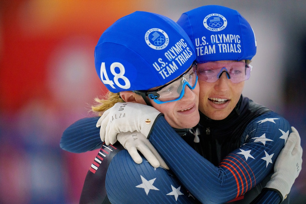 (Trent Nelson  |  The Salt Lake Tribune) Corinne Stoddard and Kristen Santos celebrate after taking first (Santos) and second in the Women's 1502 Final, Short Track Speed Skating, at the US Team Trials at the Utah Olympic Oval in Kearns on Saturday, Dec. 18, 2021.