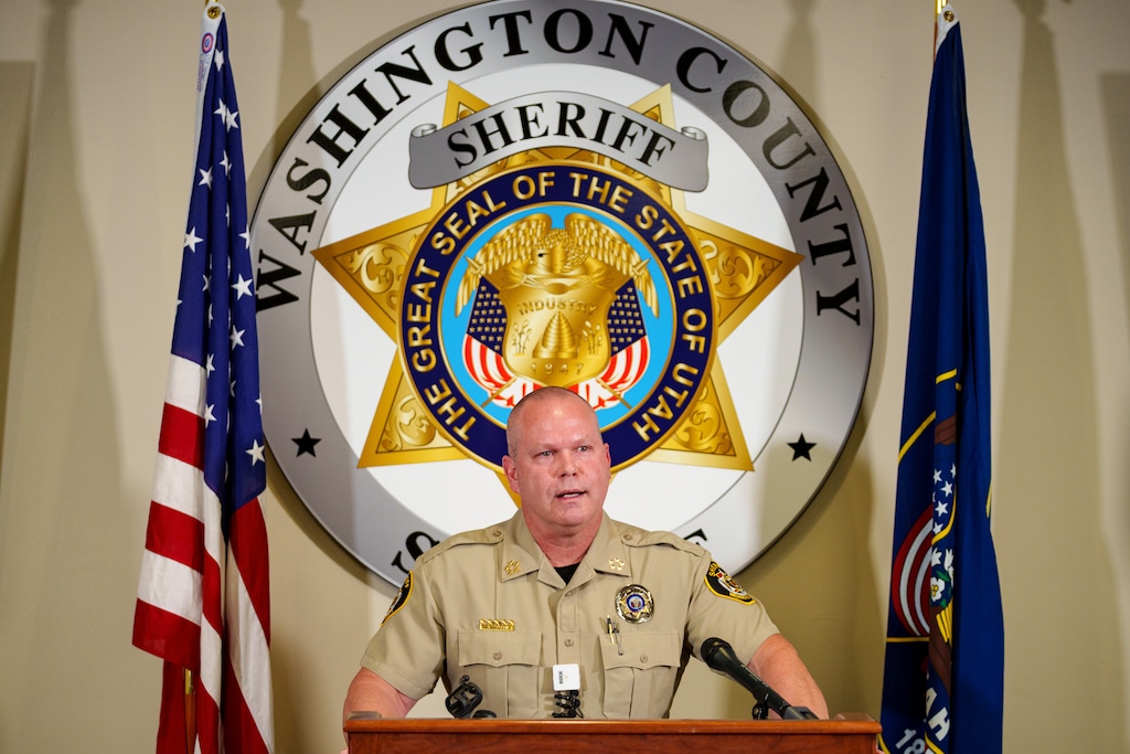 (Trent Nelson  |  The Salt Lake Tribune) Washington County Sheriff Nate Brooksby describes the surrender of Tyler Robinson at a news conference in Hurricane on Wednesday, Sept. 17, 2025.
